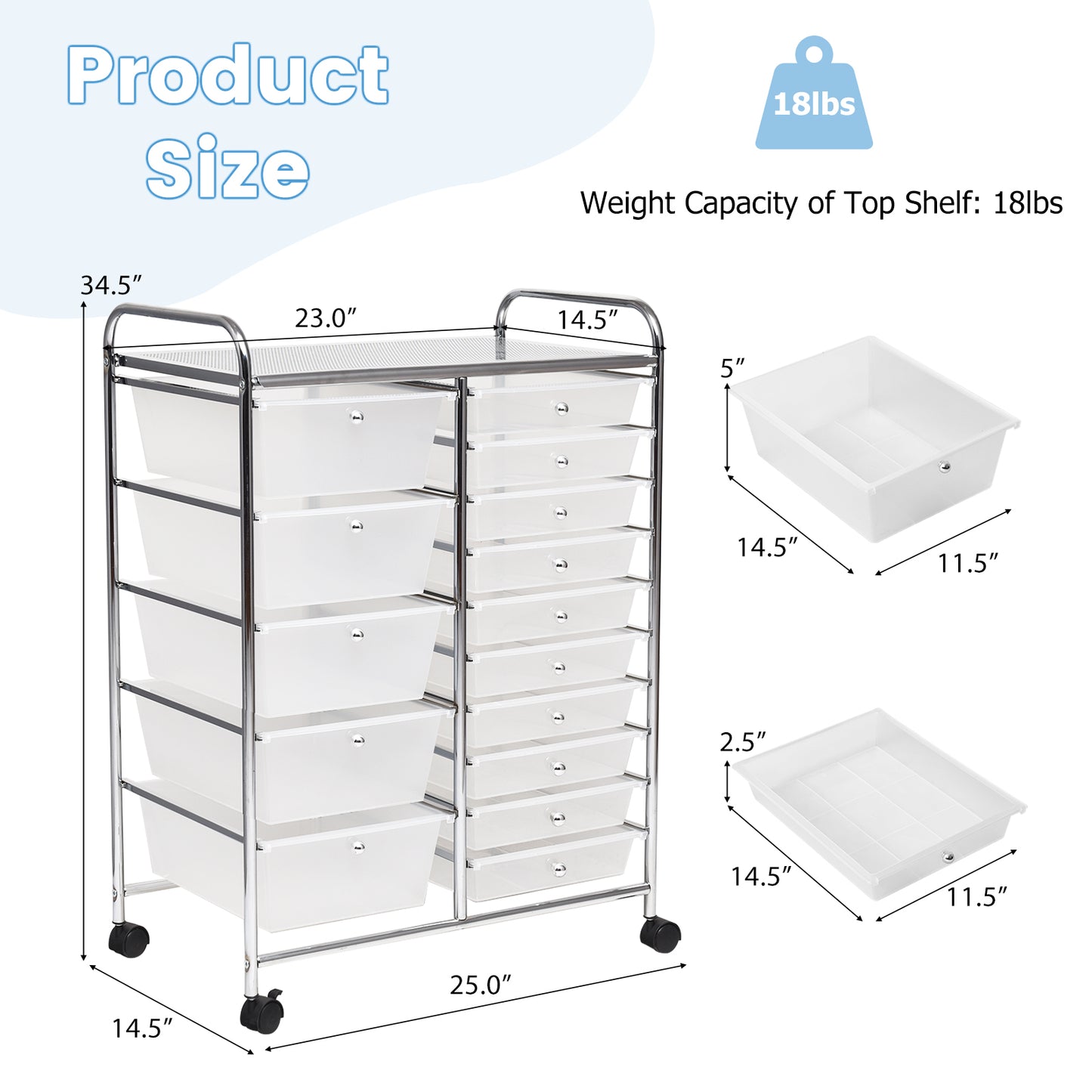 15-Drawer Utility Rolling Organizer Cart Multi-Use Storage-Clear (Fully Assembled)