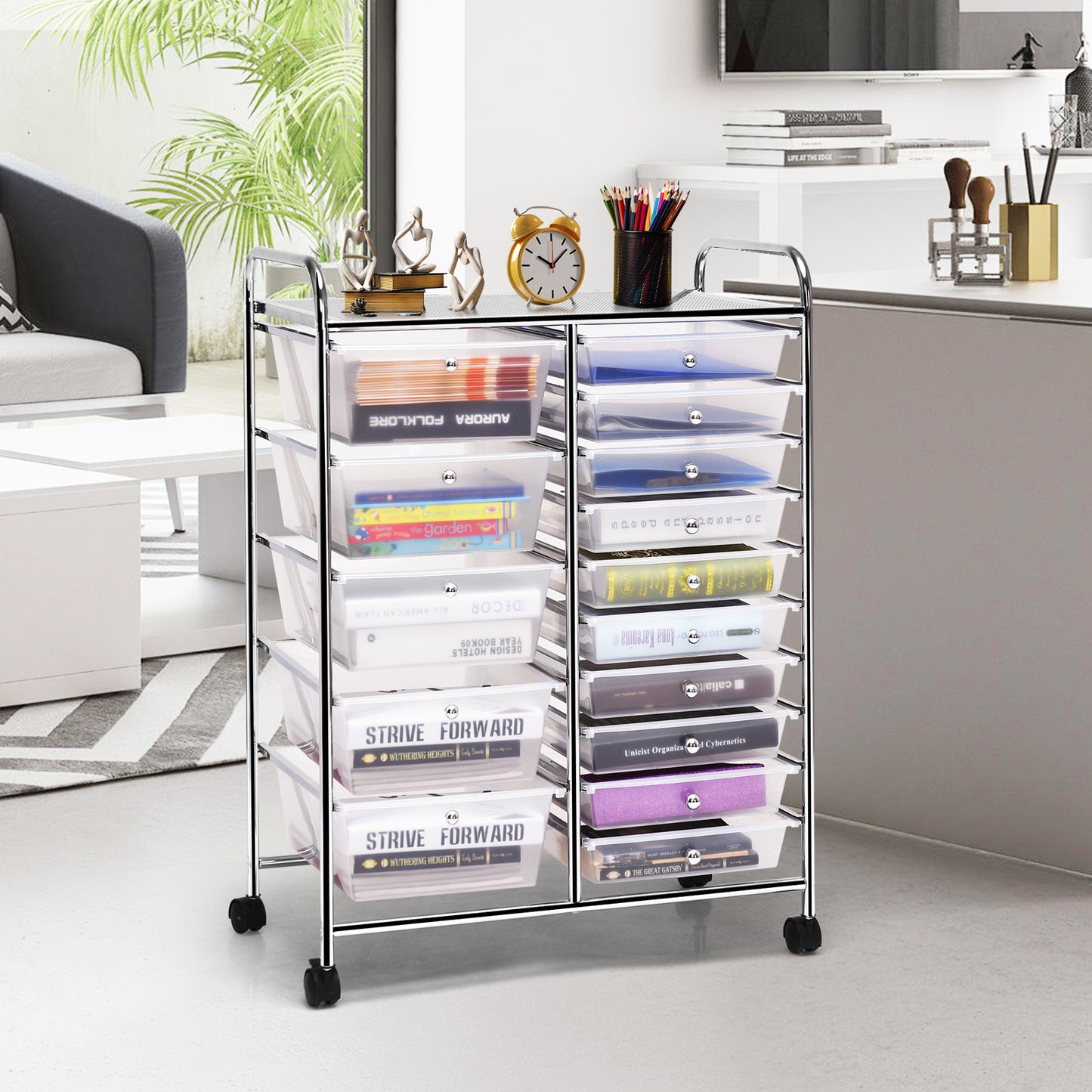 15-Drawer Utility Rolling Organizer Cart Multi-Use Storage-Clear (Fully Assembled)