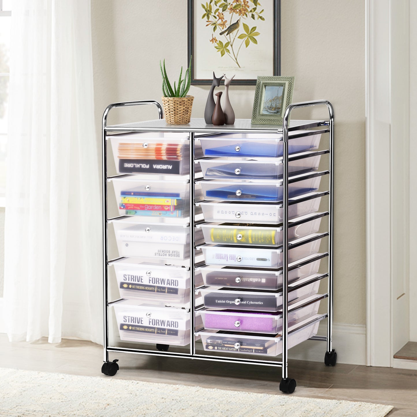 15-Drawer Utility Rolling Organizer Cart Multi-Use Storage-Clear (Fully Assembled)