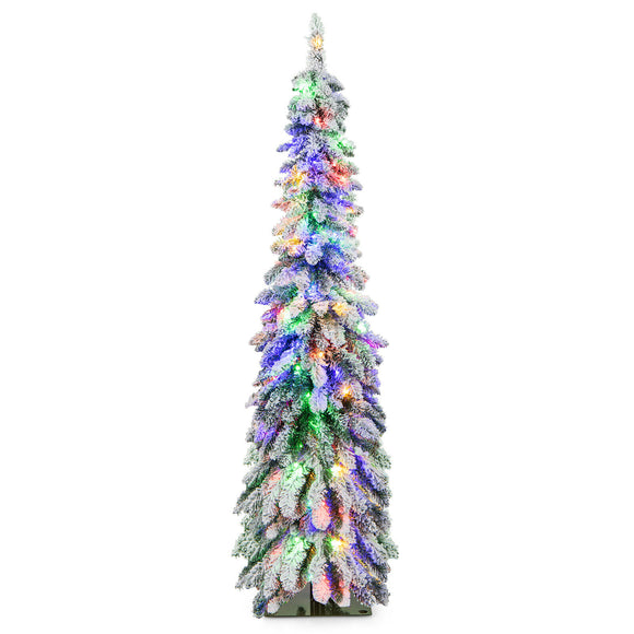 5 Feet Pre-Lit Artificial Christmas Tree Snow-Flocked Slim Pencil Xmas Decor-5 ft