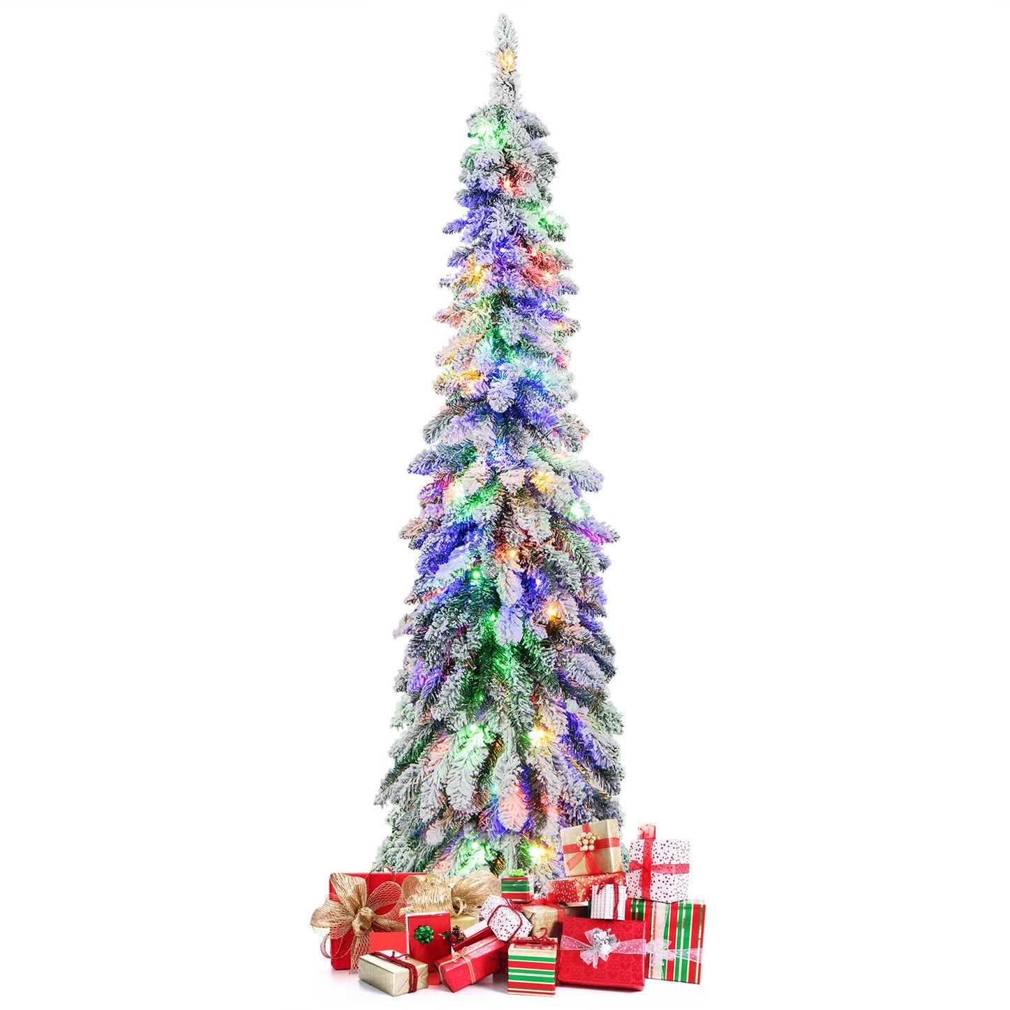 5 Feet Pre-Lit Artificial Christmas Tree Snow-Flocked Slim Pencil Xmas Decor-5 ft