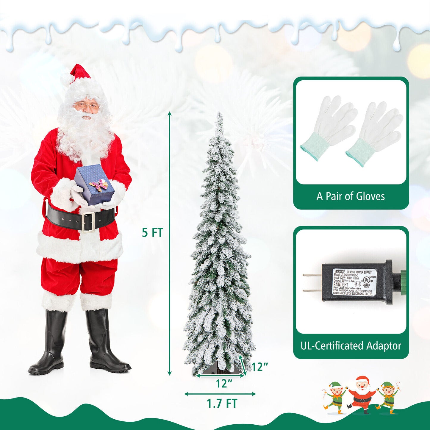 5 Feet Pre-Lit Artificial Christmas Tree Snow-Flocked Slim Pencil Xmas Decor-5 ft