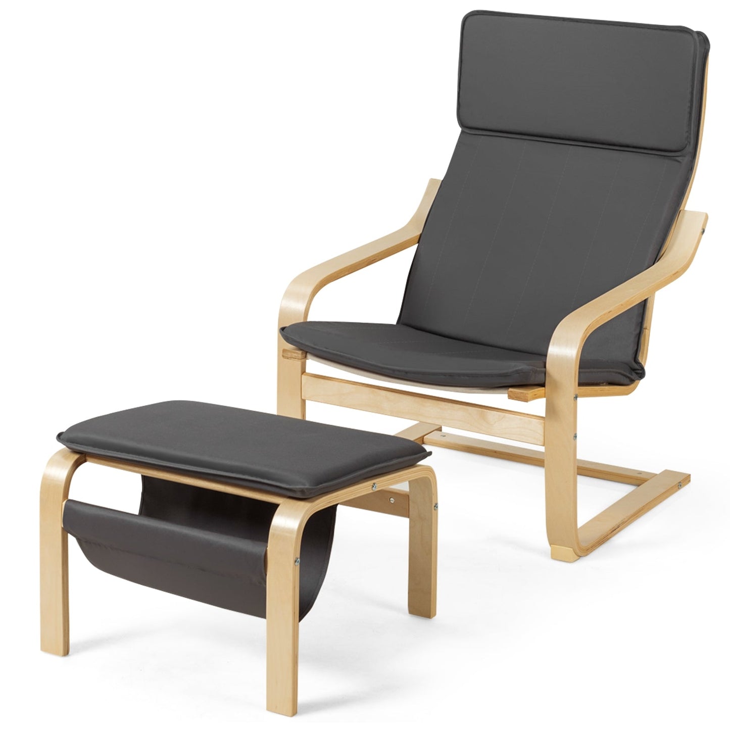 2 Piece Set, Relax Bentwood Lounge Chair  Set with Magazine Rack-Gray, Fully Assembled