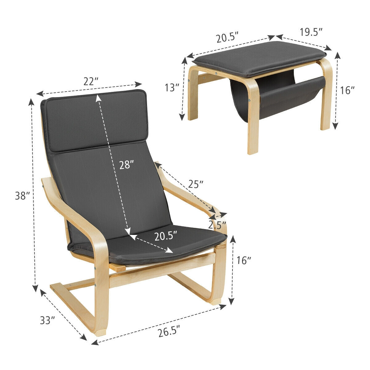 2 Piece Set, Relax Bentwood Lounge Chair  Set with Magazine Rack-Gray, Fully Assembled