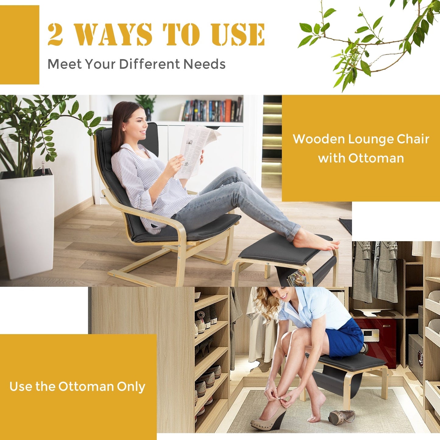 2 Piece Set, Relax Bentwood Lounge Chair  Set with Magazine Rack-Gray, Fully Assembled