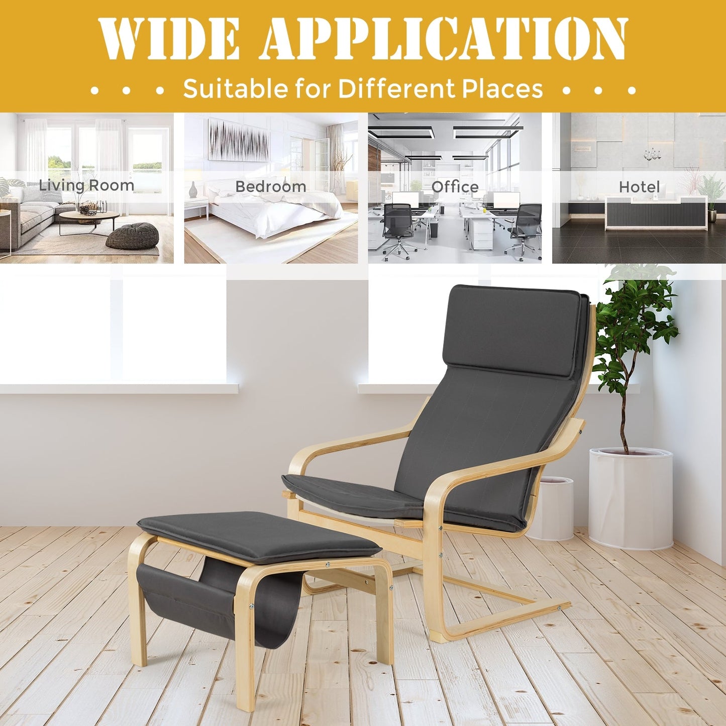 2 Piece Set, Relax Bentwood Lounge Chair  Set with Magazine Rack-Gray, Fully Assembled