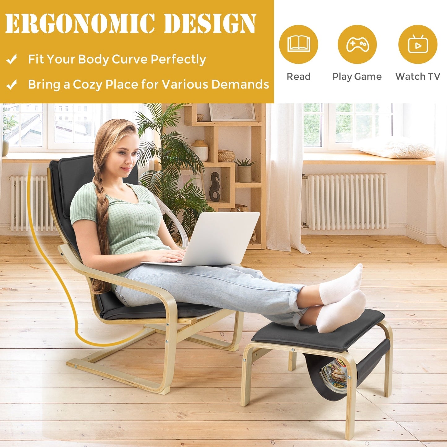 2 Piece Set, Relax Bentwood Lounge Chair  Set with Magazine Rack-Gray, Fully Assembled