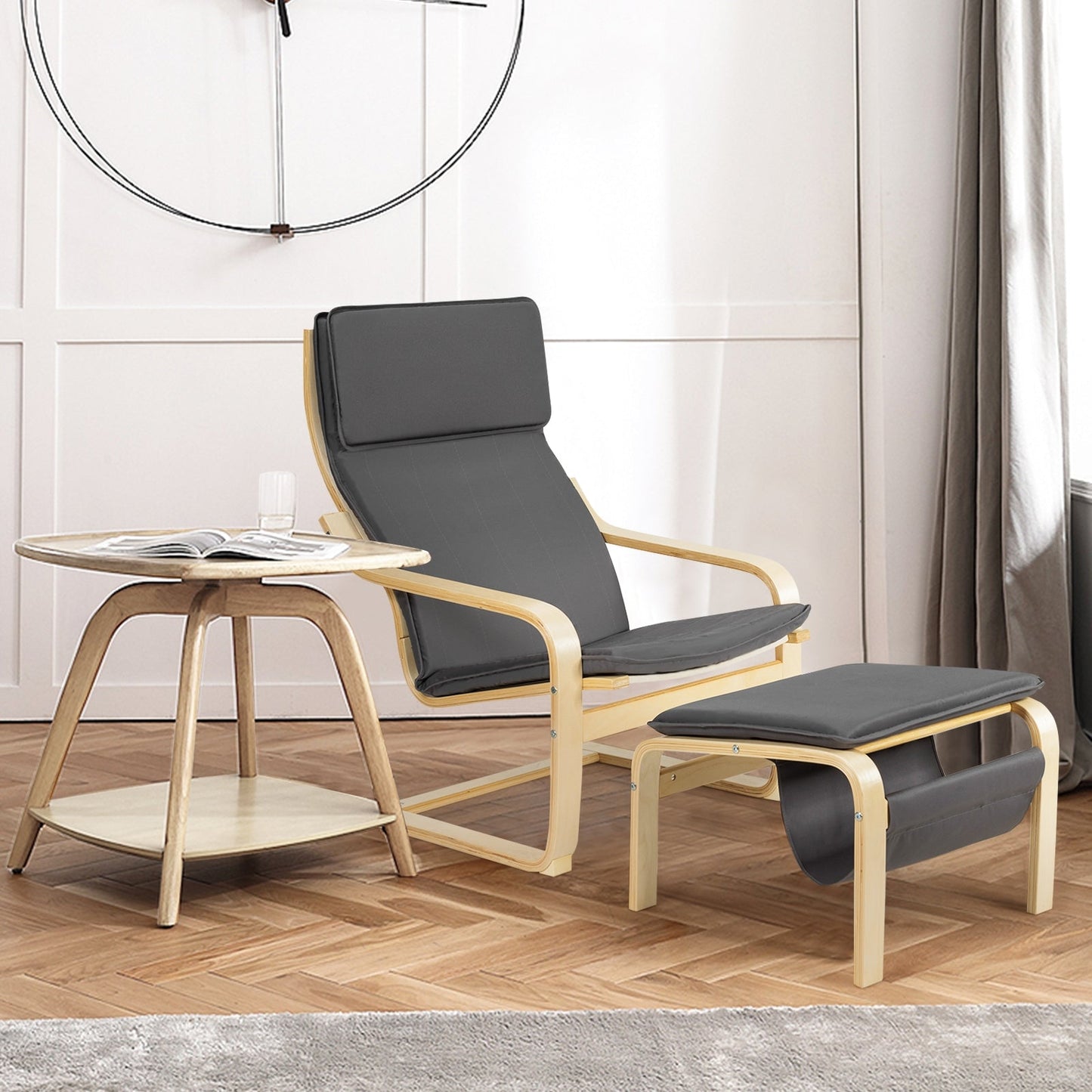 2 Piece Set, Relax Bentwood Lounge Chair  Set with Magazine Rack-Gray, Fully Assembled
