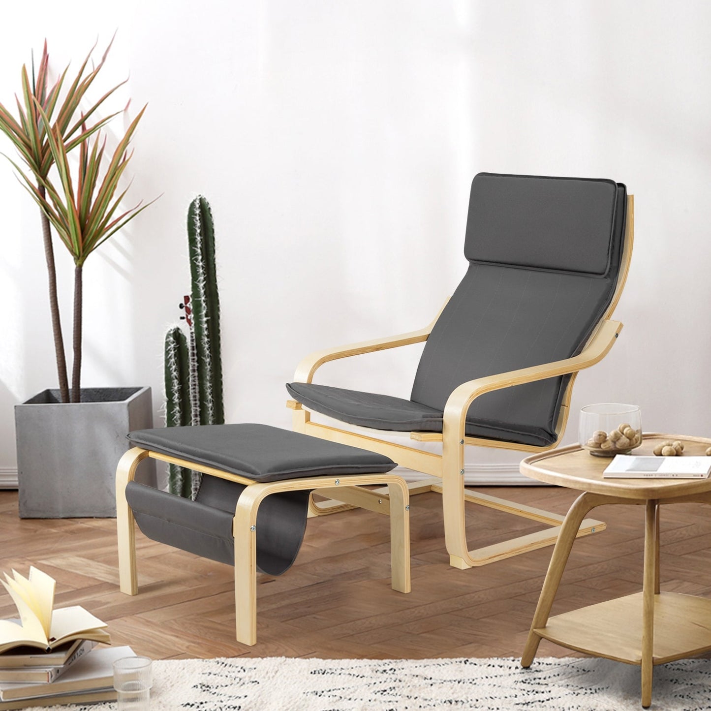 2 Piece Set, Relax Bentwood Lounge Chair  Set with Magazine Rack-Gray, Fully Assembled