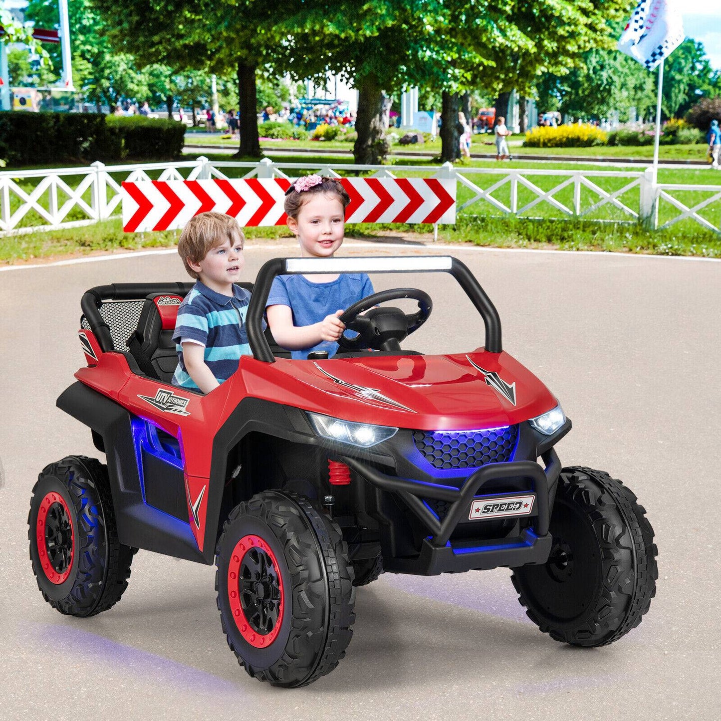 12V 2-Seater Kids Ride on UTV with Slow Start Function Music-Red, fully assembled, damage rear brake light