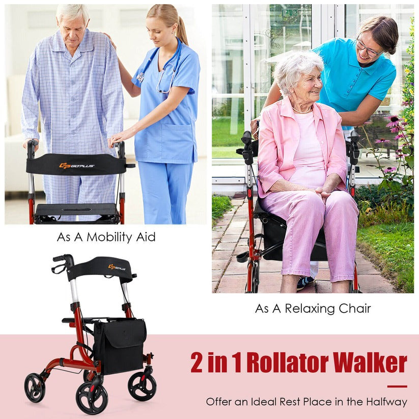 Folding Aluminum Rollator Walker with 8 inch Wheels and Seat