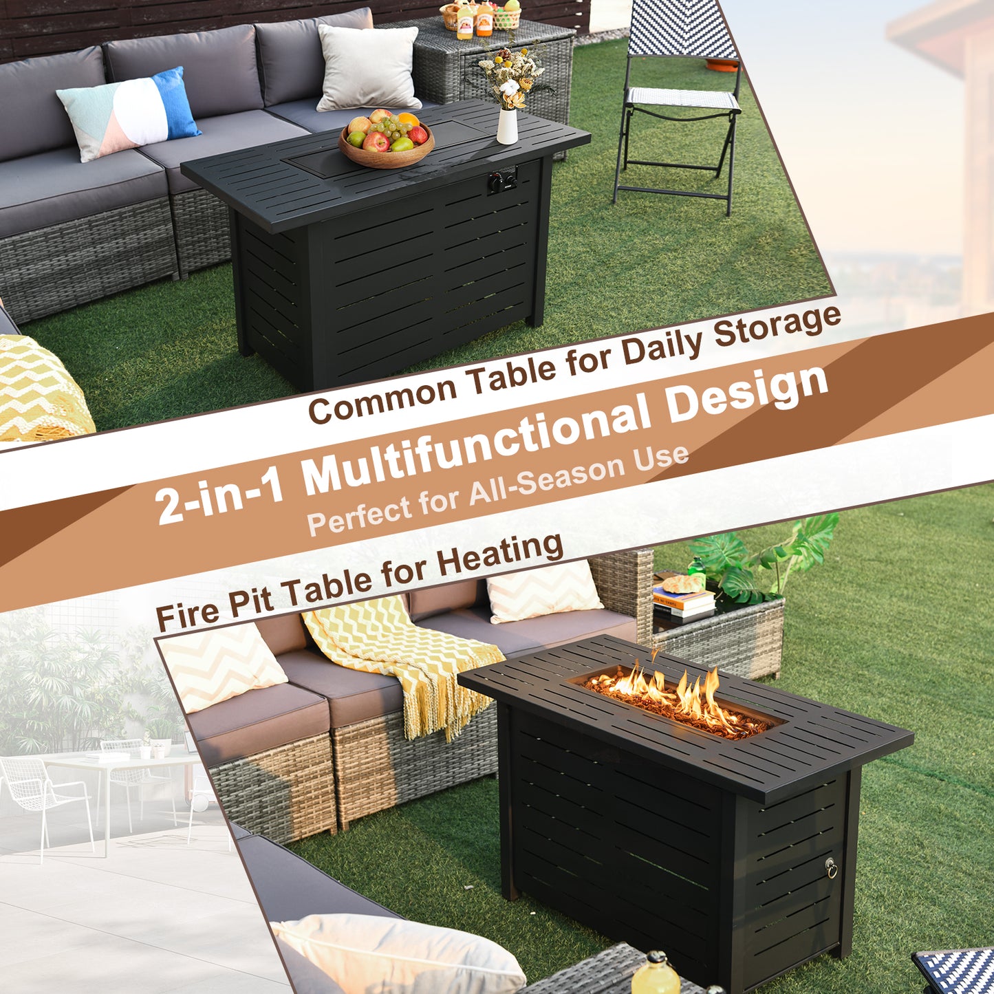 42 Inch 60 000 BTU Rectangular Propane Fire Pit Table with Waterproof Cover, 1 box, unassembled