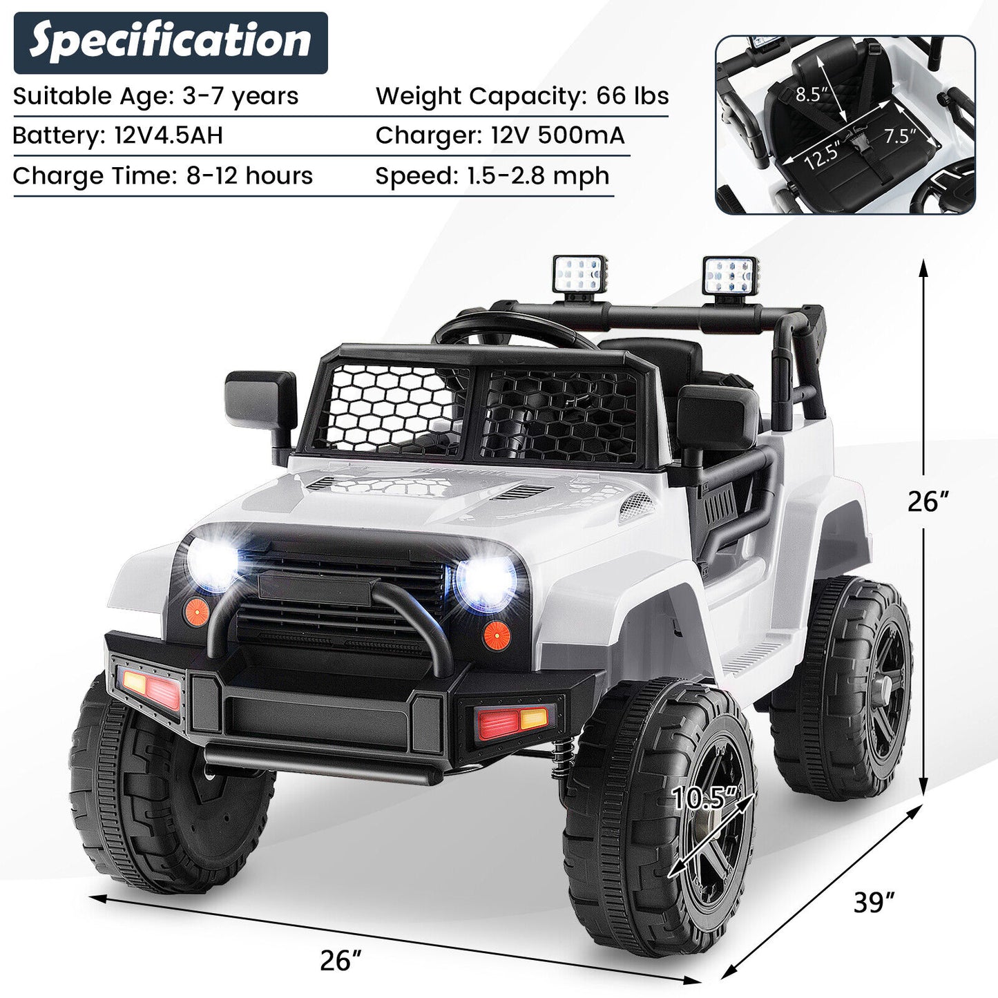 12V Kids Ride On Truck with Remote Control and Headlights-White (Customer Return - See Description))
