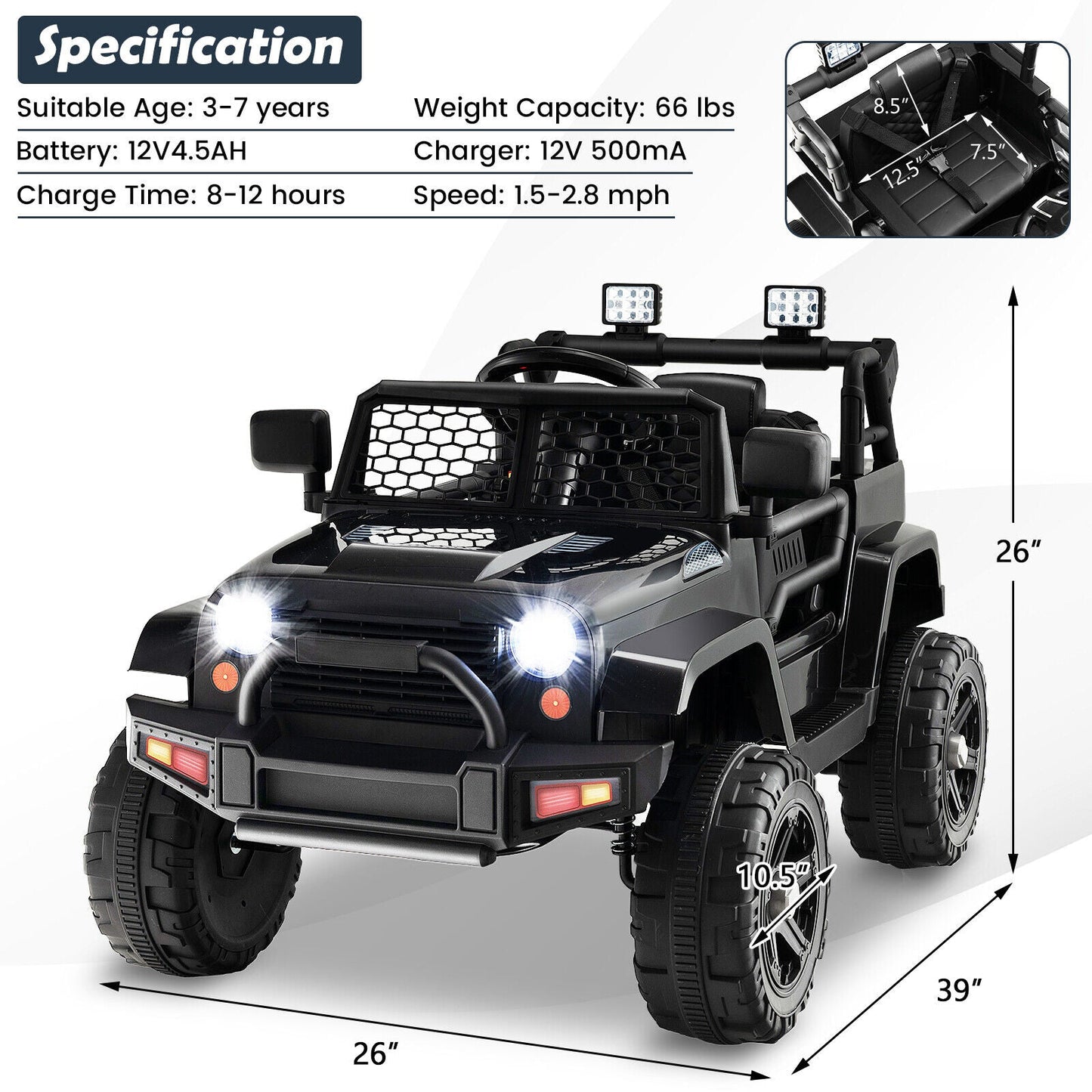 12V Kids Ride On Truck with Remote Control and Headlights-Black, fully assembled