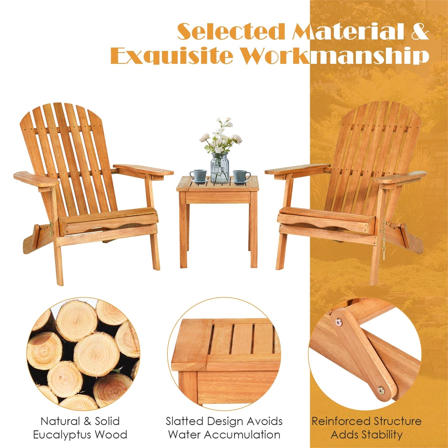3 Pieces Adirondack Chair Set with Widened Armrest (Assembled)