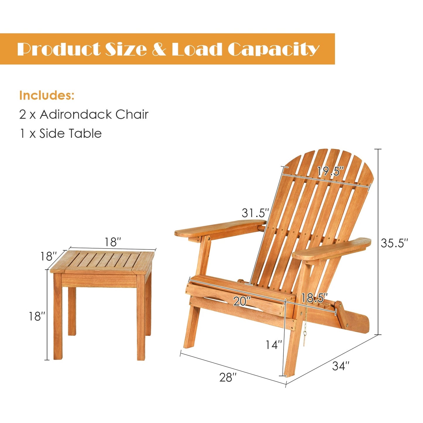 3 Pieces Adirondack Chair Set with Widened Armrest (Assembled)