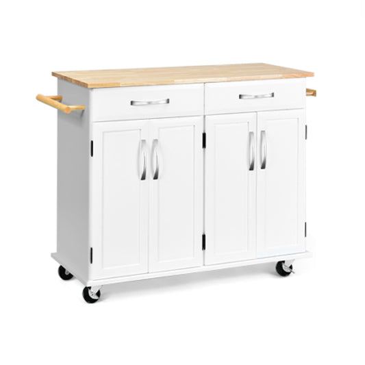 Wood Top Rolling Kitchen Trolley Island Cart Storage Cabinet-White scratch & dent