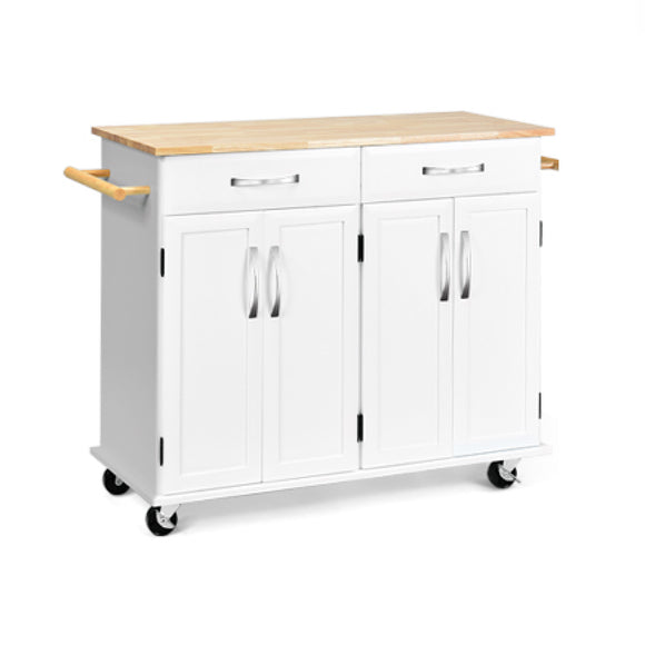 Wood Top Rolling Kitchen Trolley Island Cart Storage Cabinet-White scratch & dent