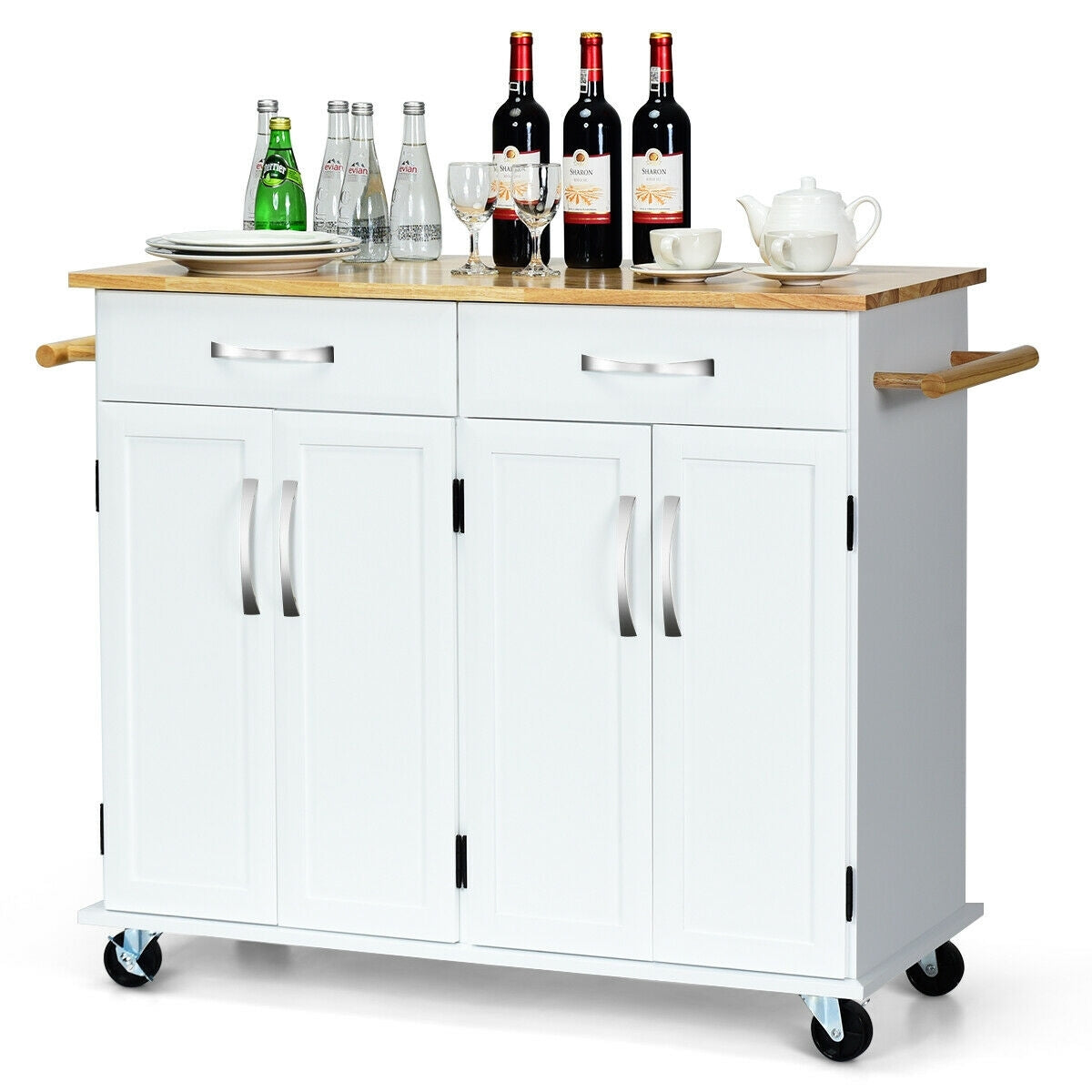 Wood Top Rolling Kitchen Trolley Island Cart Storage Cabinet-White scratch & dent