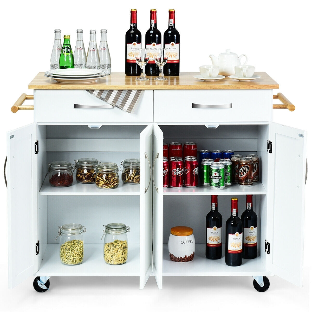 Wood Top Rolling Kitchen Trolley Island Cart Storage Cabinet-White scratch & dent