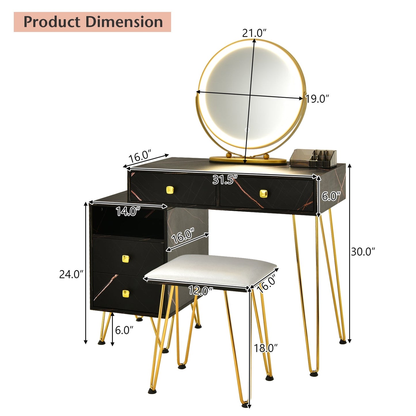 Unassembled, EXTRA DISCOUNT APPLIED, Modern Dressing Table with Storage Cabinet-Black