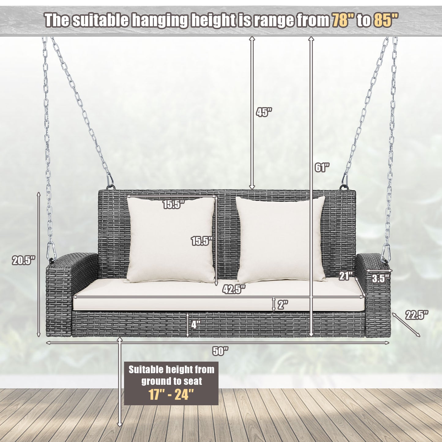 2-Person Patio PE Wicker Hanging Porch Swing Bench Chair Cushion 800 Pounds-White