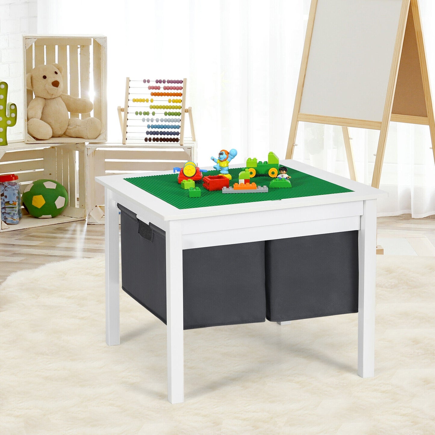 2-in-1 Kids Double-sided Activity Building Block Table with Drawers-White (Shipping Damage)