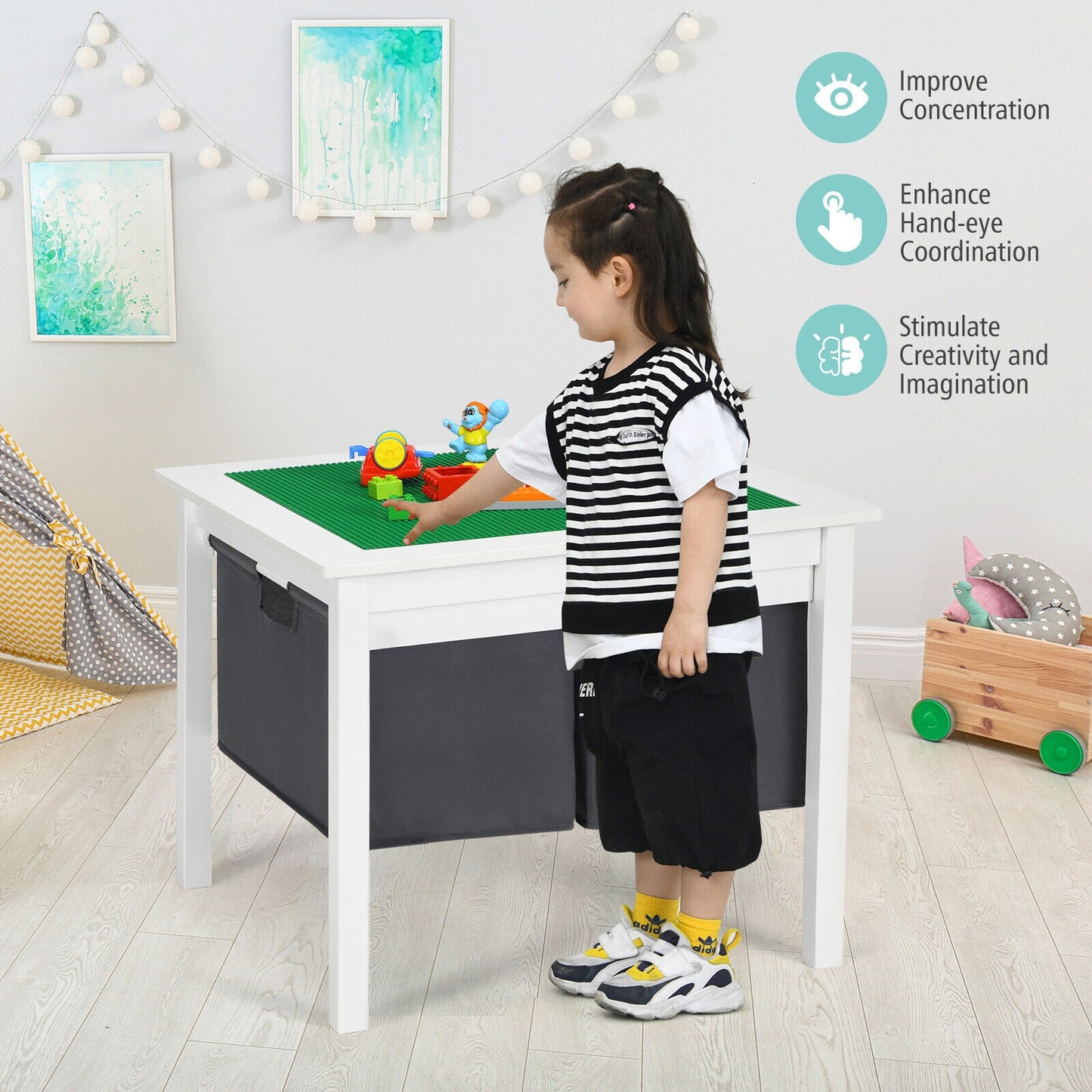 2-in-1 Kids Double-sided Activity Building Block Table with Drawers-White (Shipping Damage)