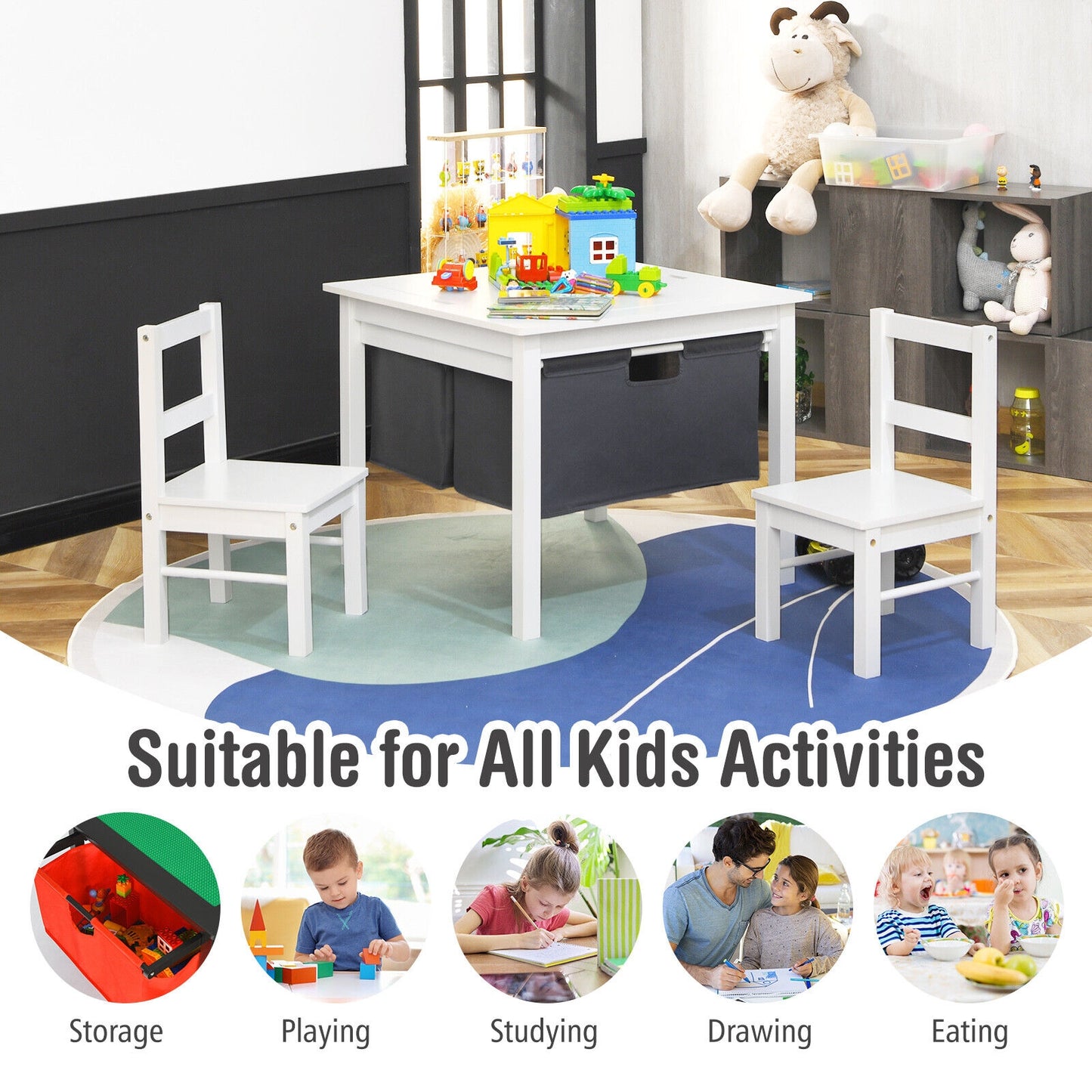 2-in-1 Kids Double-sided Activity Building Block Table with Drawers-White (Shipping Damage)