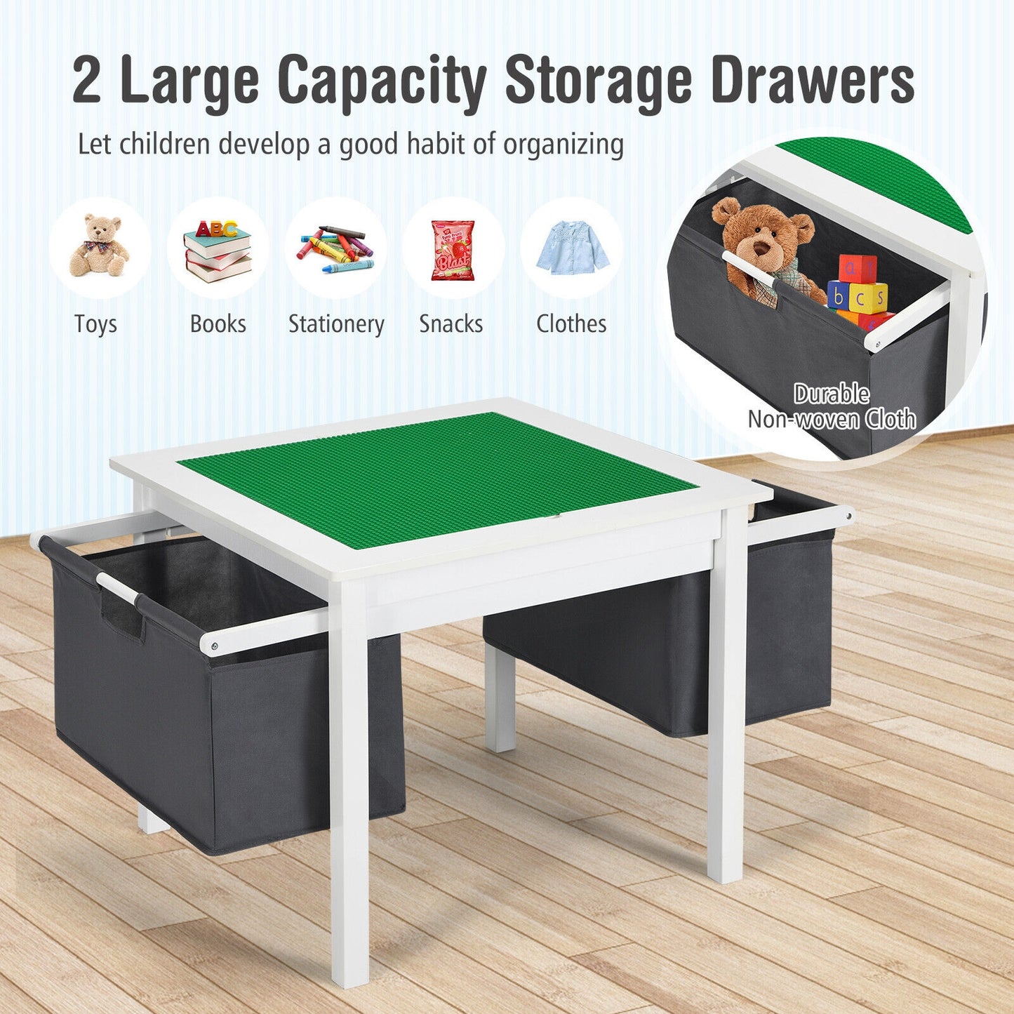 2-in-1 Kids Double-sided Activity Building Block Table with Drawers-White (Shipping Damage)