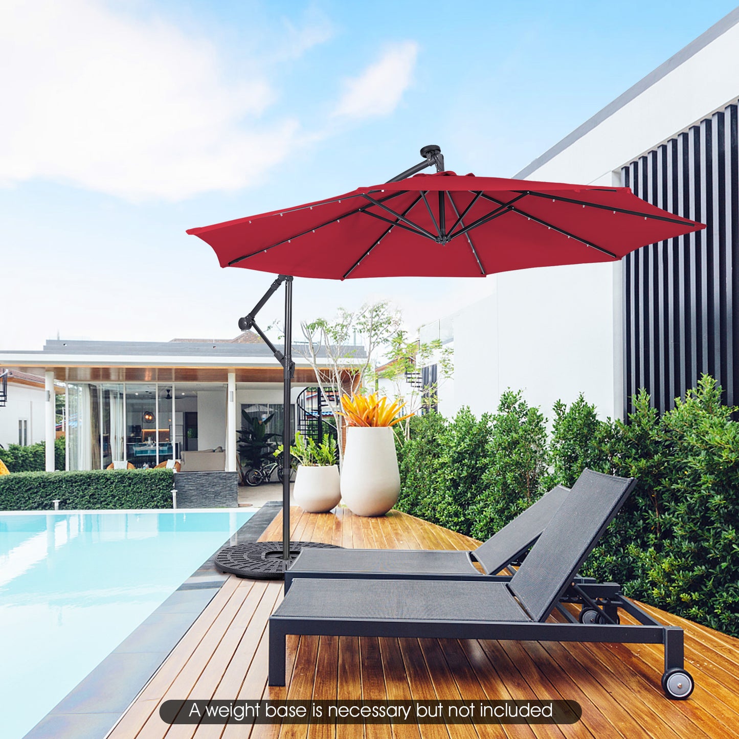 10 Feet Patio Solar Powered Cantilever Umbrella with Tilting System-Wine, assembled