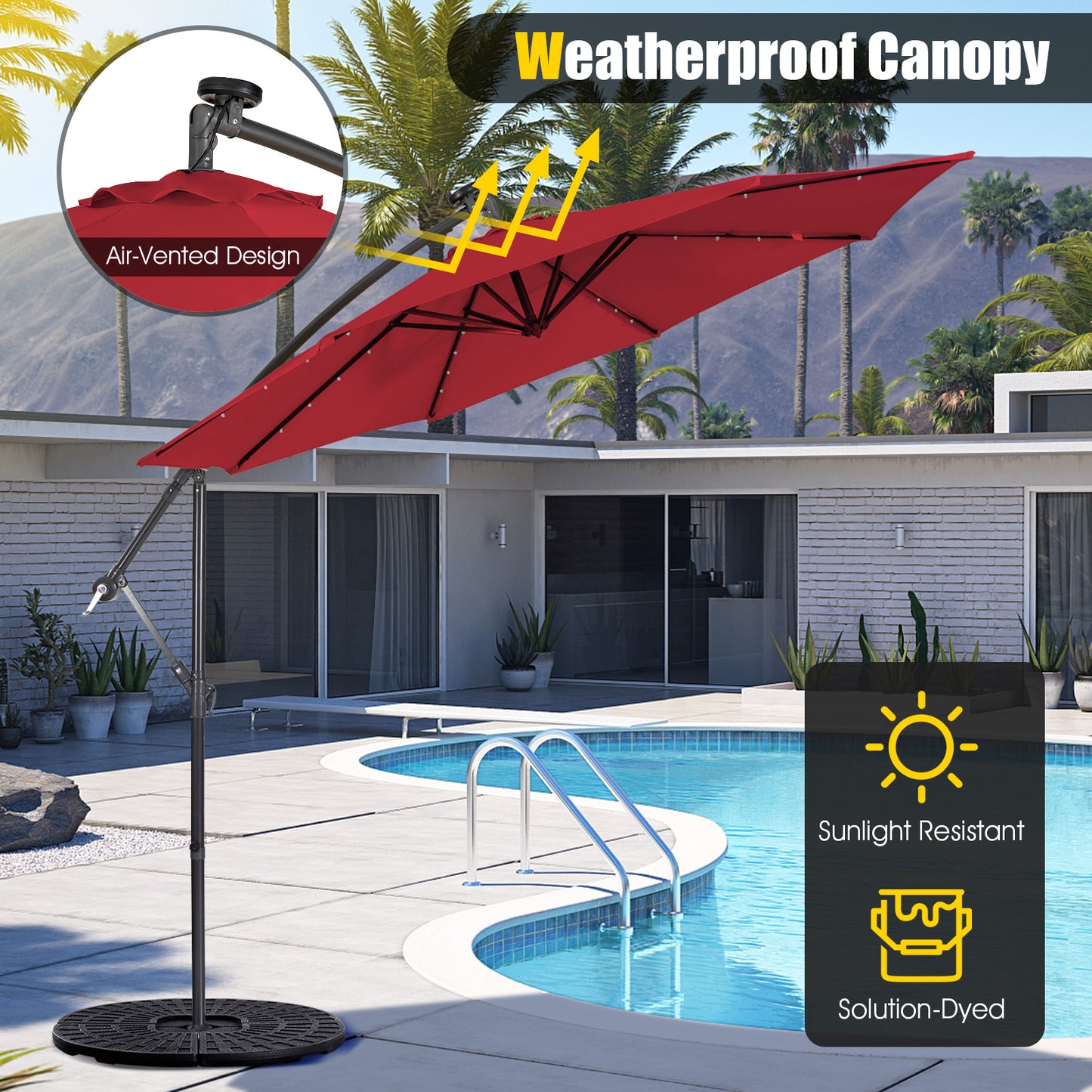 10 Feet Patio Solar Powered Cantilever Umbrella with Tilting System-Wine, assembled