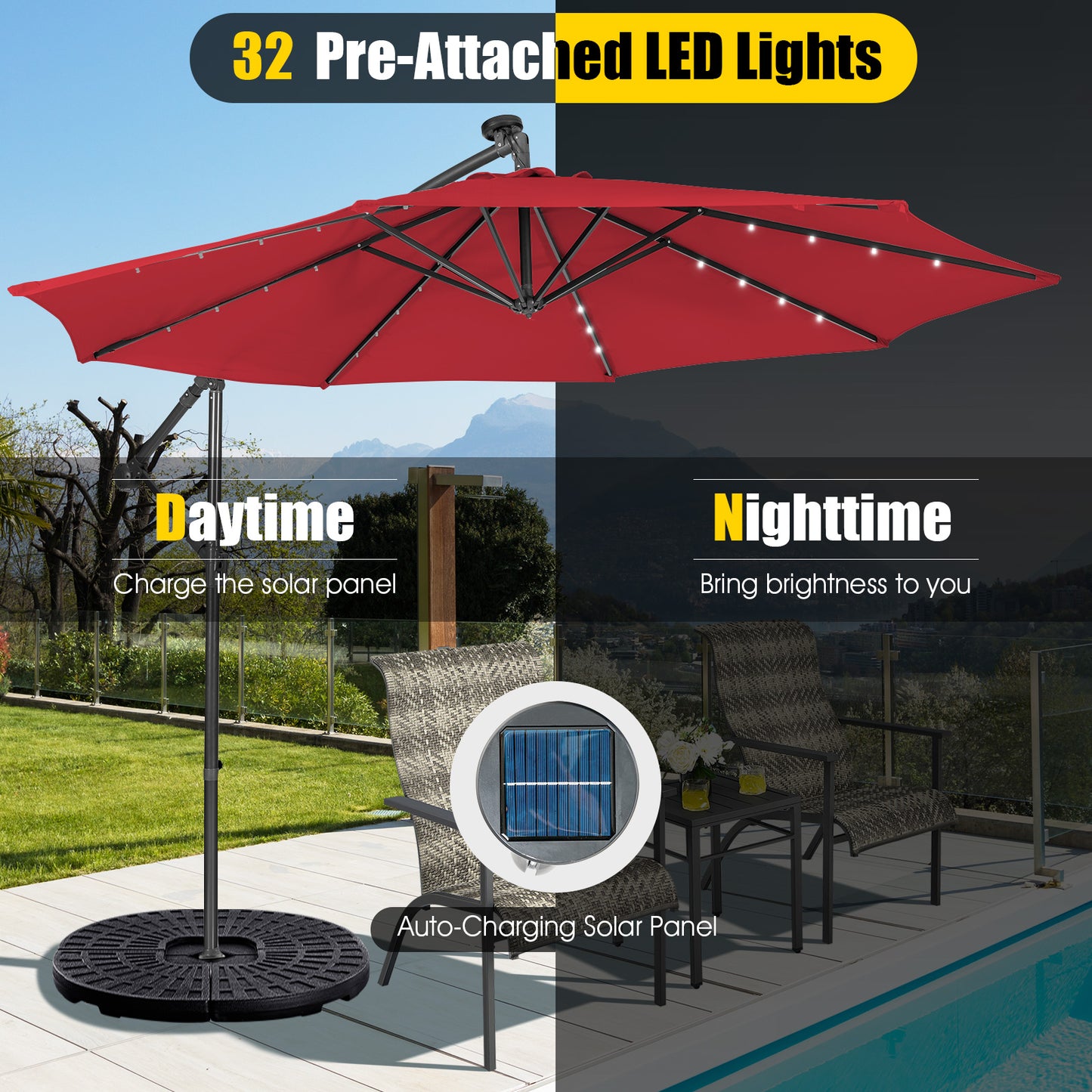 10 Feet Patio Solar Powered Cantilever Umbrella with Tilting System-Wine, assembled