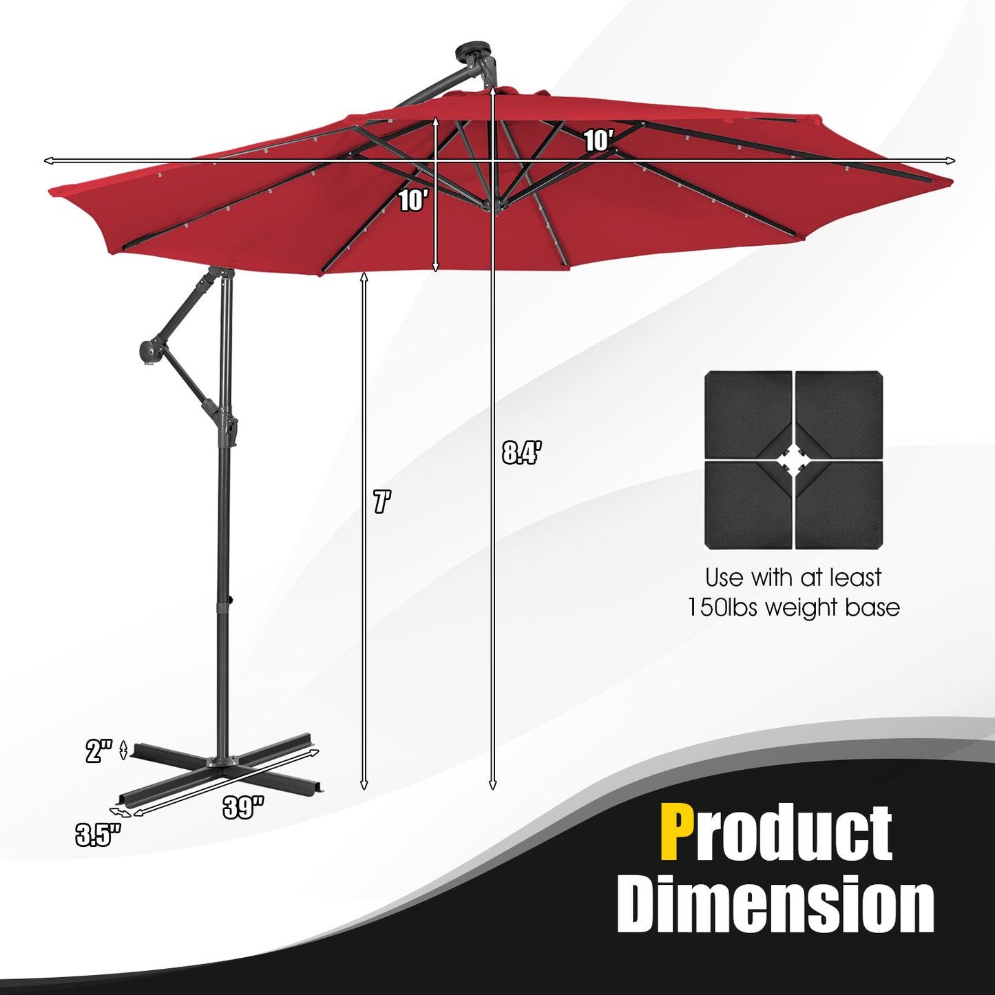 10 Feet Patio Solar Powered Cantilever Umbrella with Tilting System-Wine, assembled