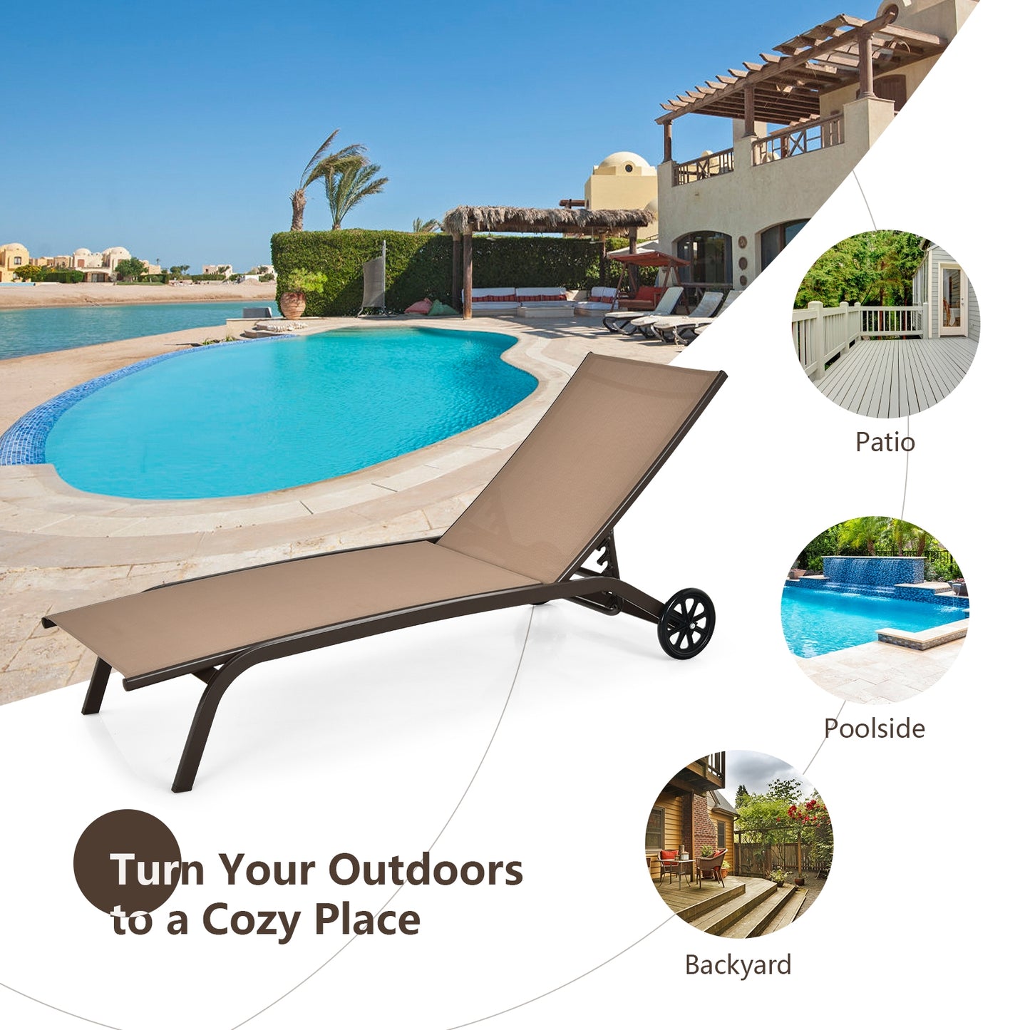 6-Poisition Adjustable Outdoor Chaise Recliner with Wheels-Brown, fully assembled