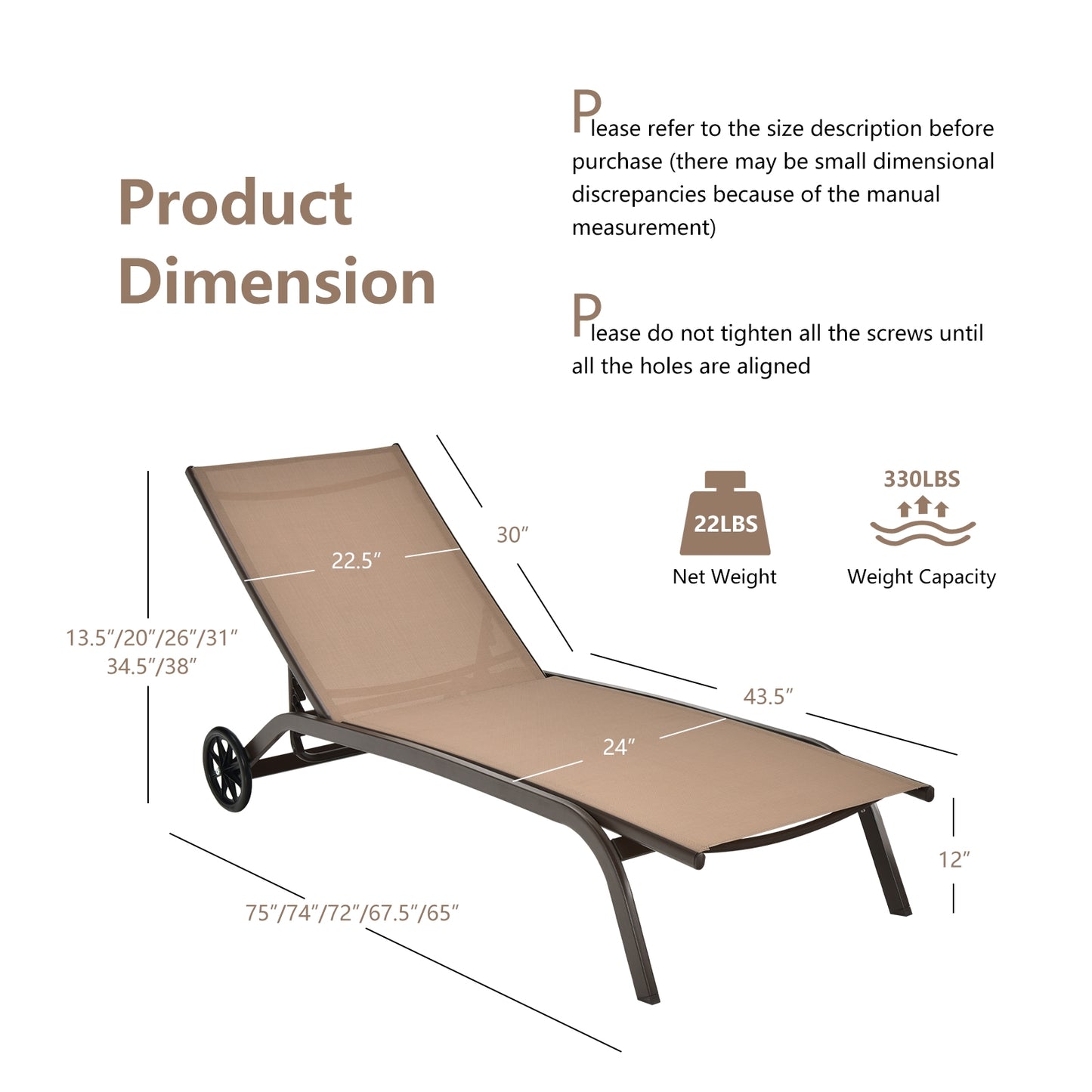 6-Poisition Adjustable Outdoor Chaise Recliner with Wheels-Brown, fully assembled