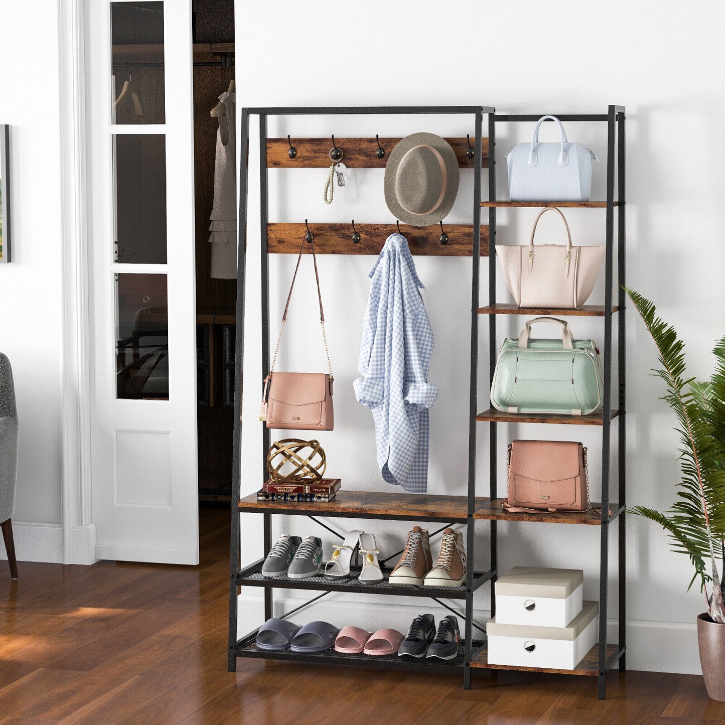 5-in-1 Entryway Hall Tree with Storage Bench with 9 Hooks-Rustic Brown (Scratch and Dent)