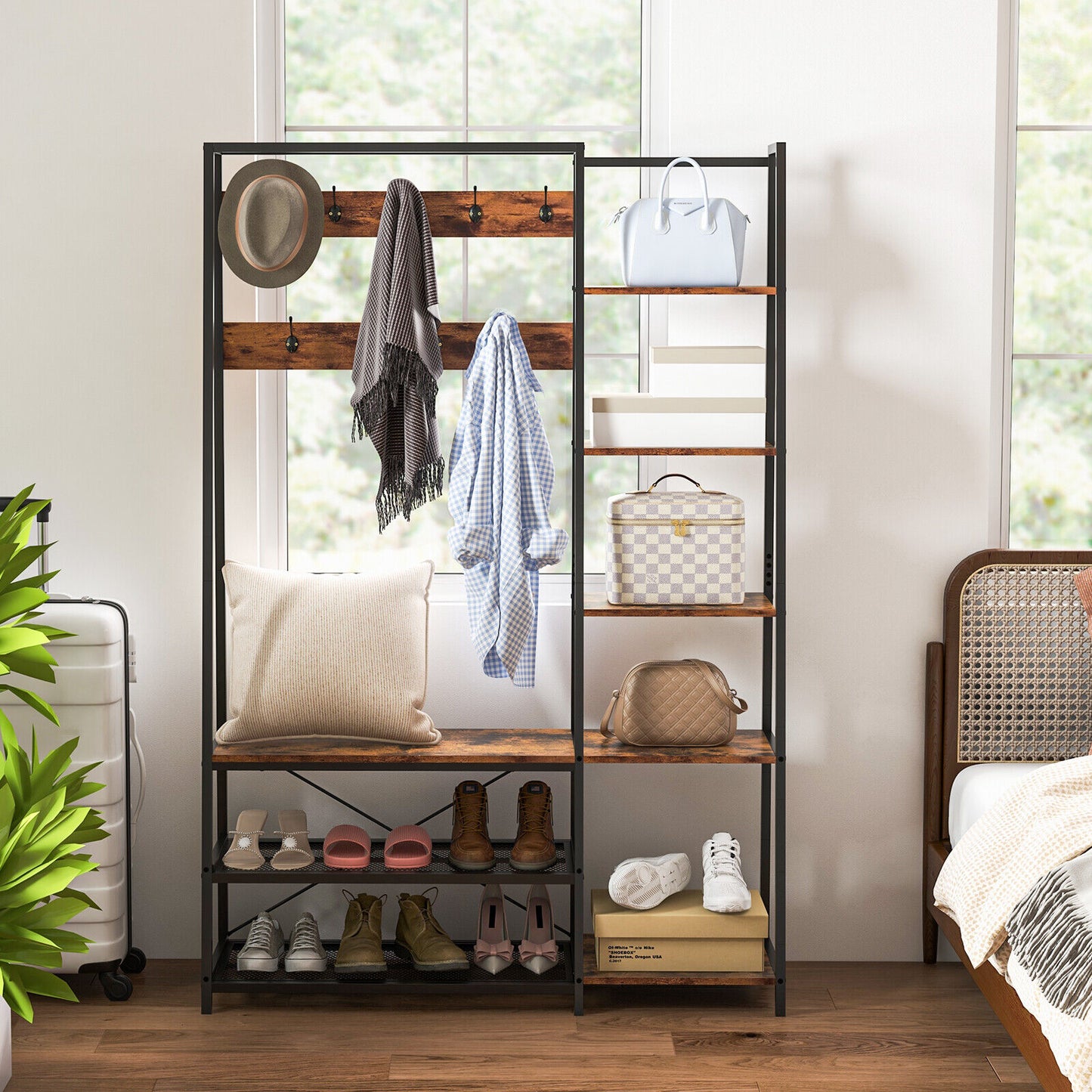 5-in-1 Entryway Hall Tree with Storage Bench with 9 Hooks-Rustic Brown (Scratch and Dent)