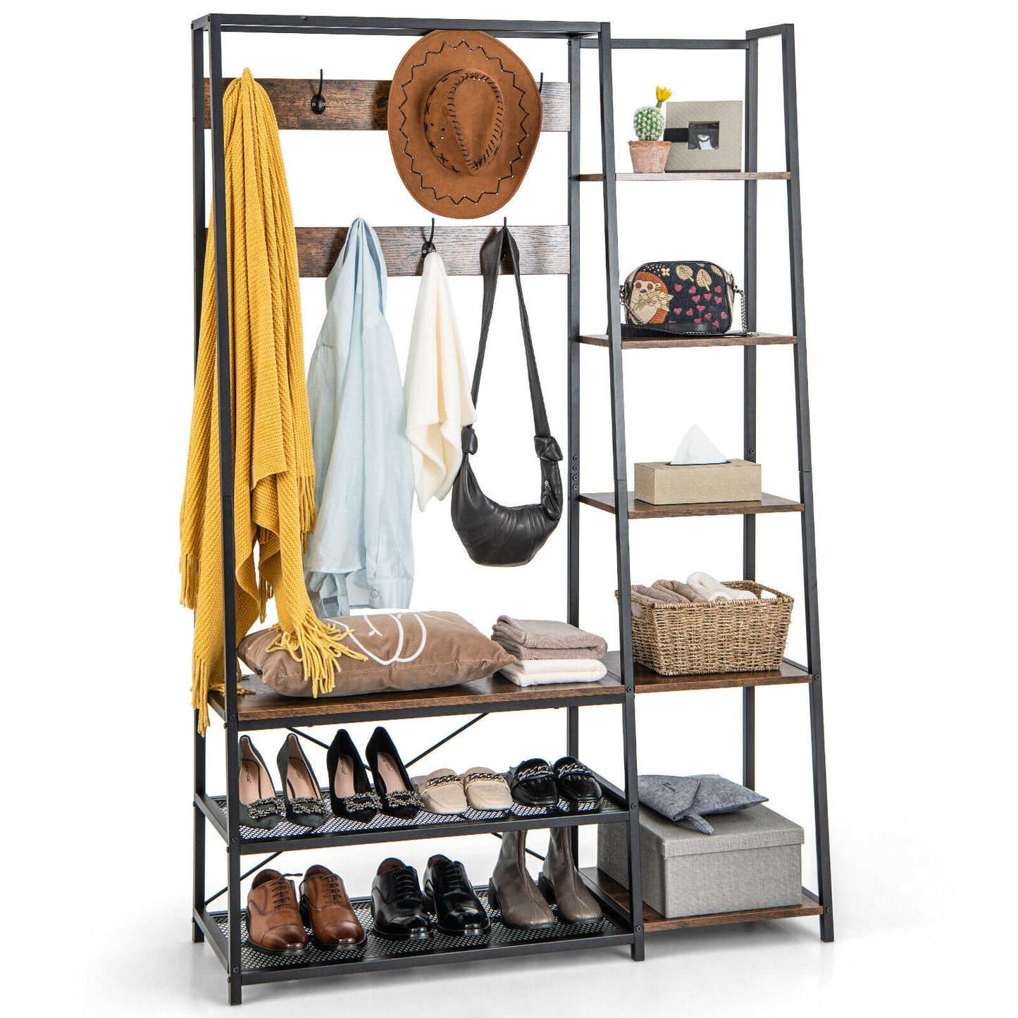 5-in-1 Entryway Hall Tree with Storage Bench with 9 Hooks-Rustic Brown (Scratch and Dent)