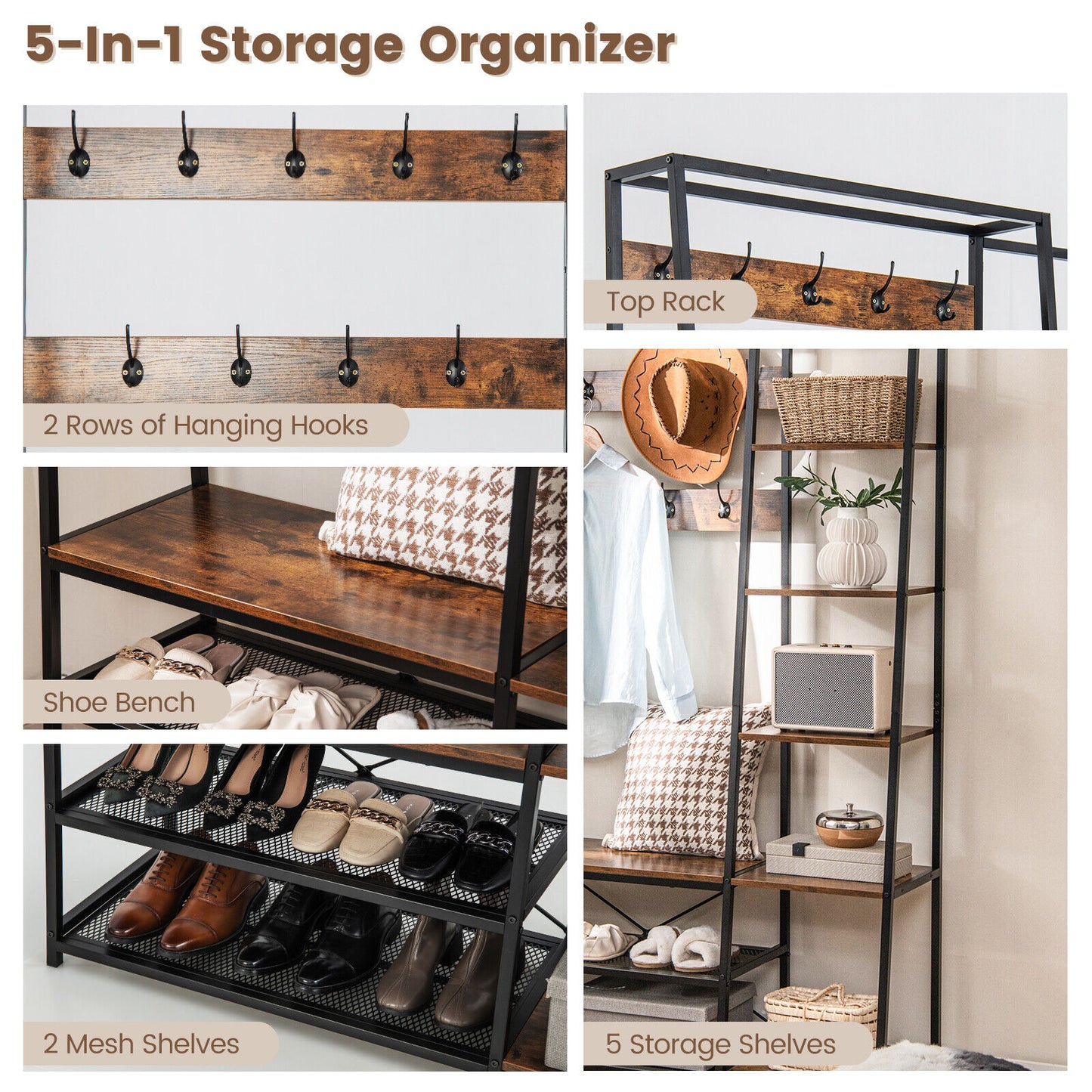 5-in-1 Entryway Hall Tree with Storage Bench with 9 Hooks-Rustic Brown (Scratch and Dent)