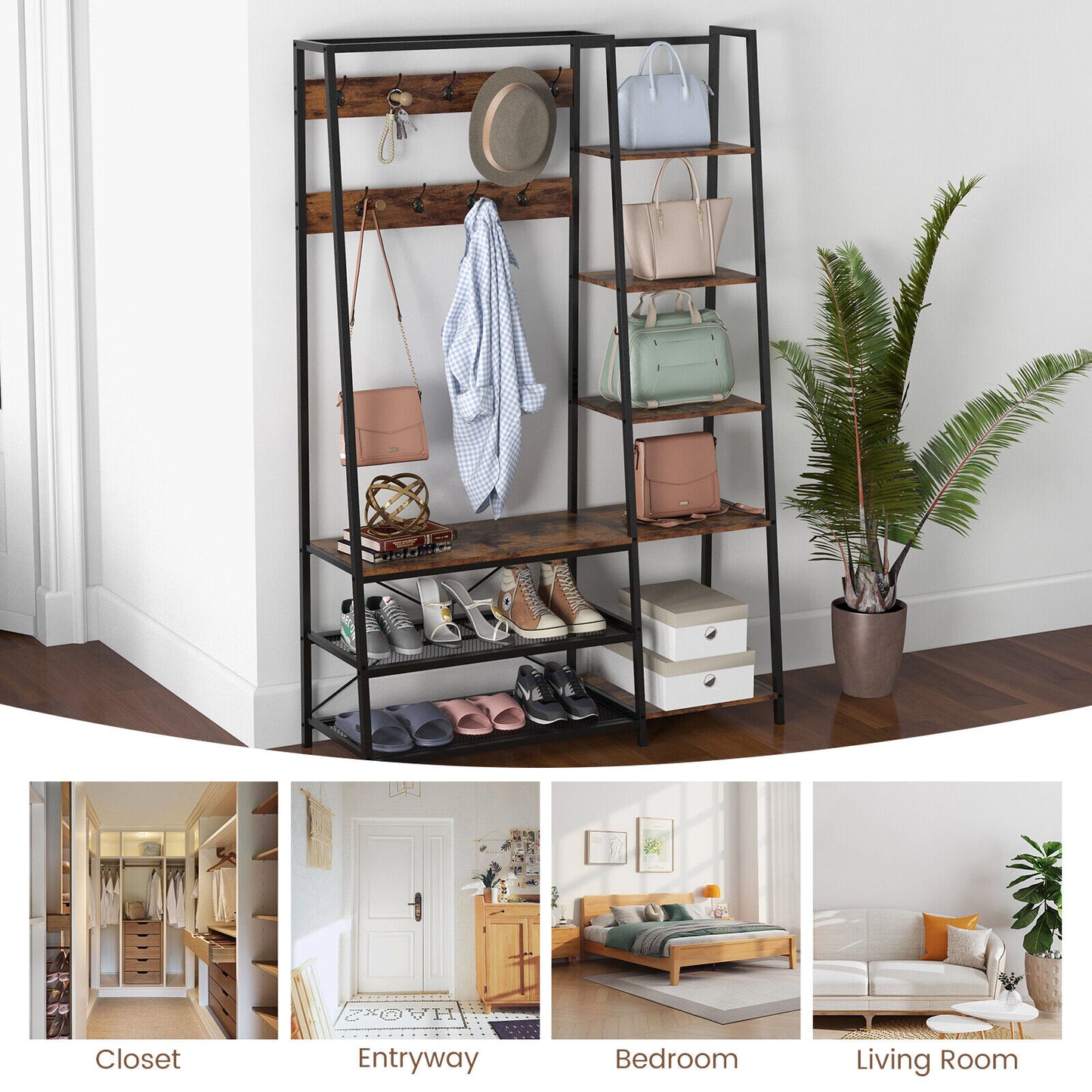 5-in-1 Entryway Hall Tree with Storage Bench with 9 Hooks-Rustic Brown (Scratch and Dent)