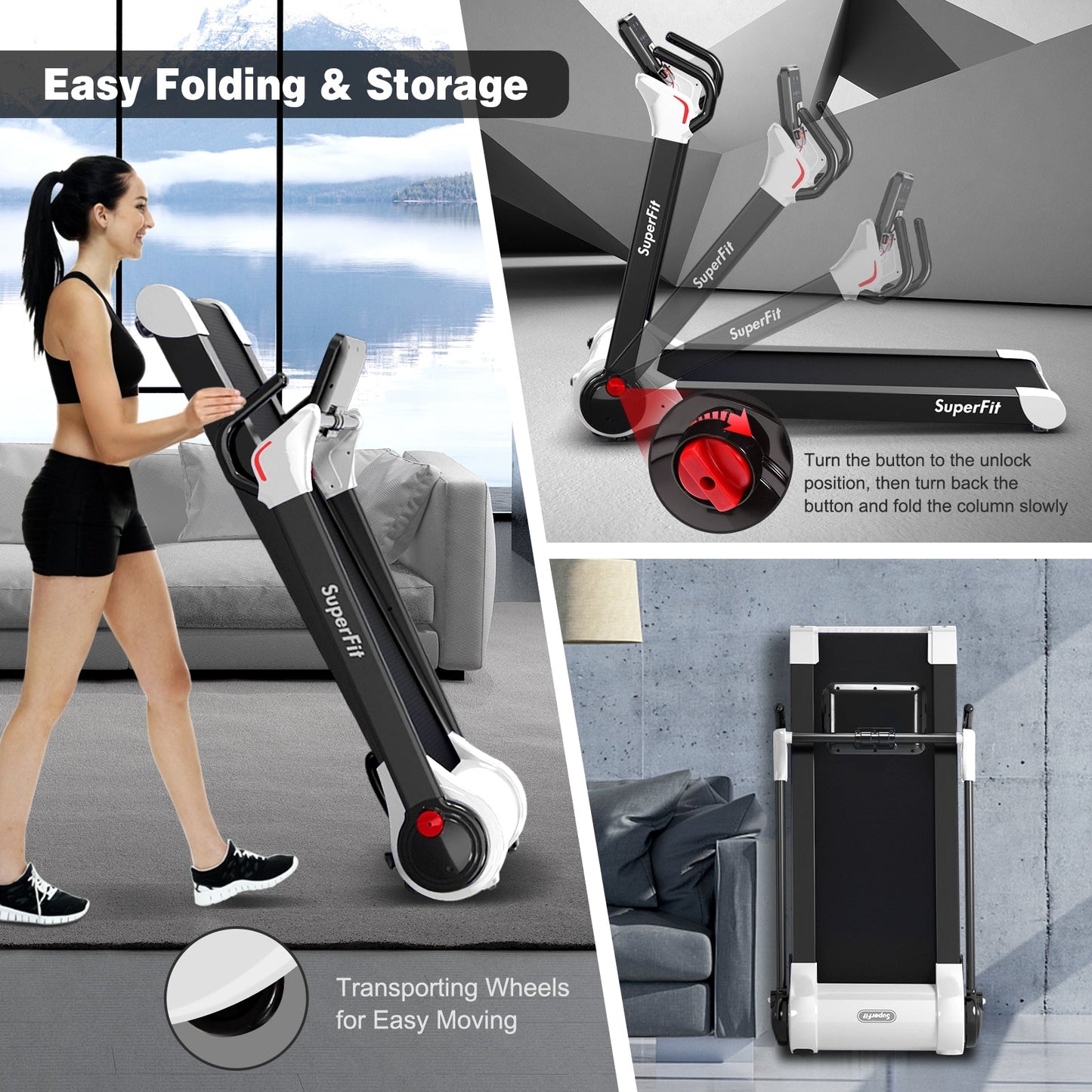 2.25 HP Electric Motorized Folding Running Treadmill Machine with LED Display and APP Control-White (MAX 265lbs)