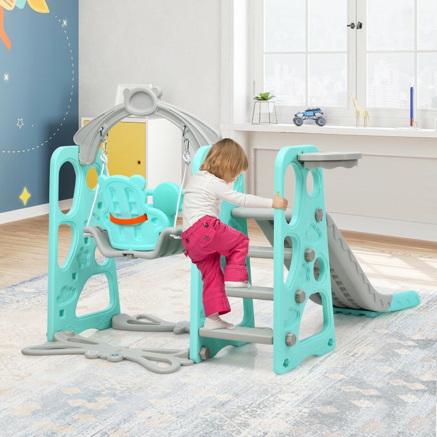 3 in 1 Toddler Climber and Swing Set Slide Playset-Green. Fully Assembled