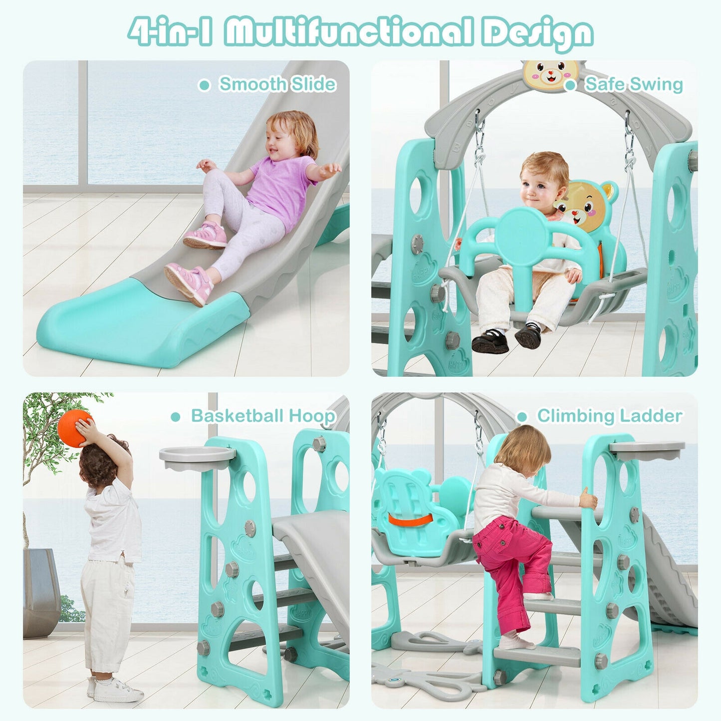 3 in 1 Toddler Climber and Swing Set Slide Playset-Green. Fully Assembled