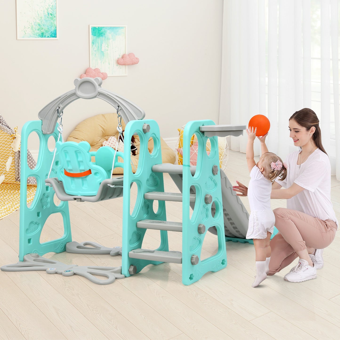 3 in 1 Toddler Climber and Swing Set Slide Playset-Green. Fully Assembled