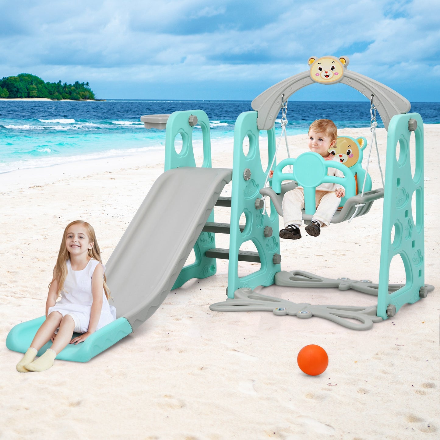 3 in 1 Toddler Climber and Swing Set Slide Playset-Green. Fully Assembled
