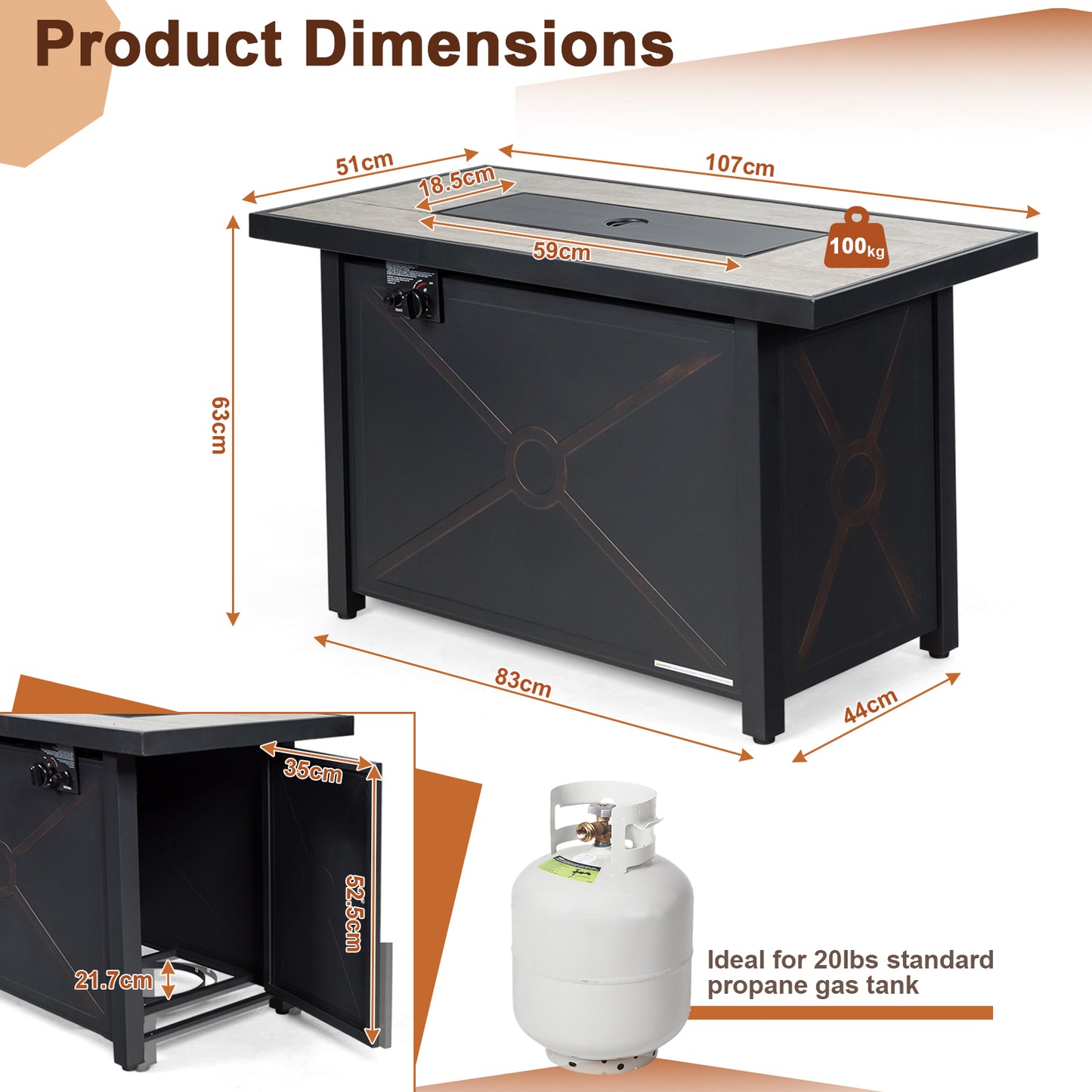 42 Inch 60000 BTU Propane Fire Pit Table with Ceramic Tabletop - Fully Assembled