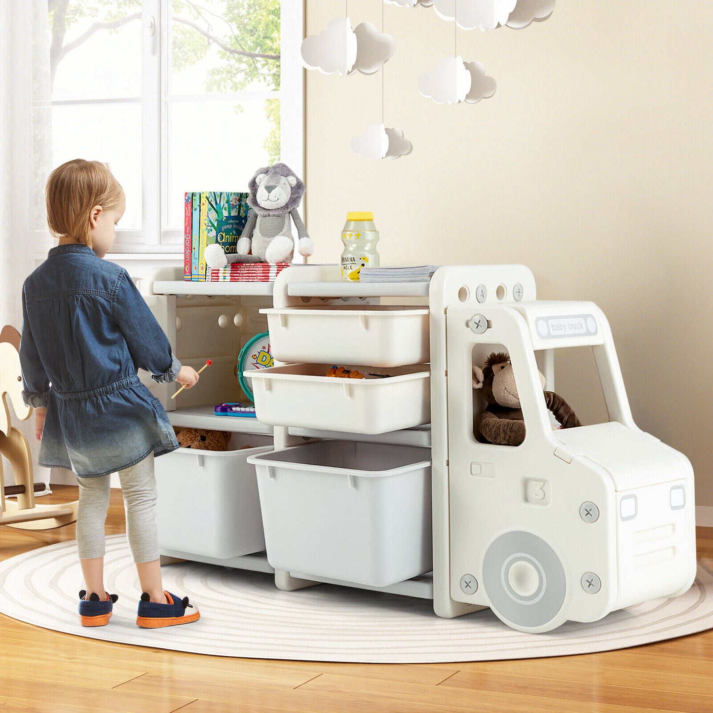 Toddler Truck Storage Organizer with Plastic Bins-Off White (1 Box, Assembly Required)