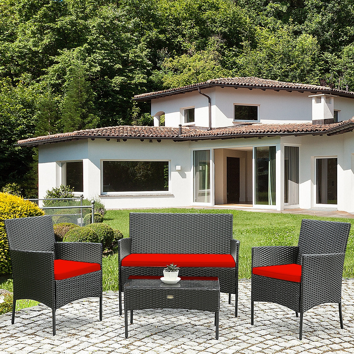 4 Pcs Patio Rattan Cushioned Sofa Furniture Set with Tempered Glass Coffee Table-Red (Fully Assembled)