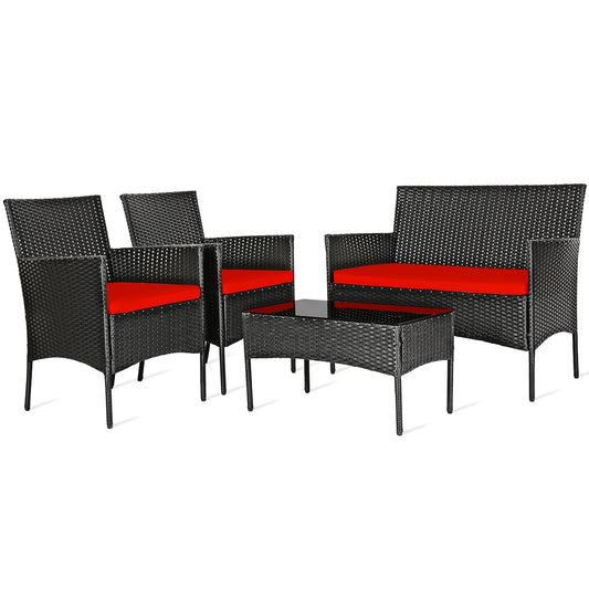 4 Pcs Patio Rattan Cushioned Sofa Furniture Set with Tempered Glass Coffee Table-Red (Fully Assembled)